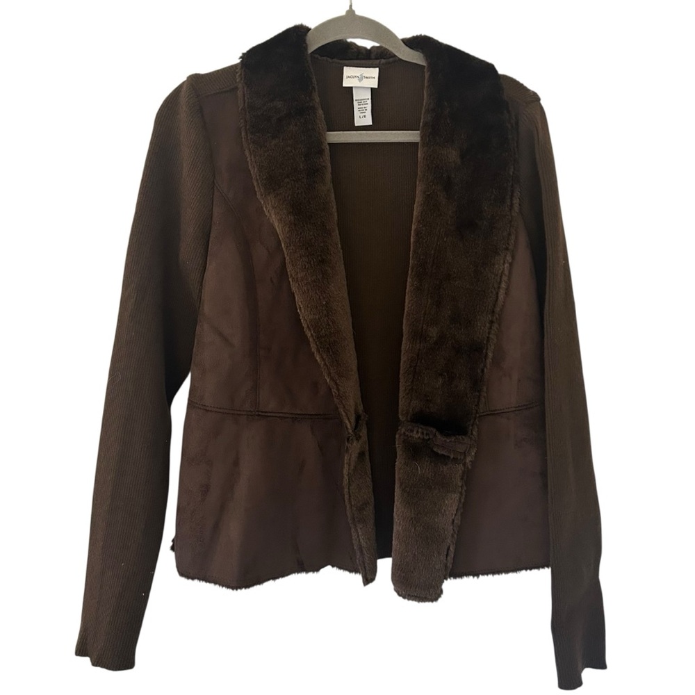 Chocolate Brown Suede Design Jacket Cardigan Jaclyn Smith Women’s Size Large Fit